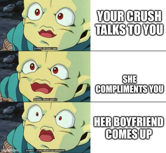 Guys, what's our safeword? | YOUR CRUSH TALKS TO YOU; SHE COMPLIMENTS YOU; HER BOYFRIEND COMES UP | image tagged in guys what's our safeword | made w/ Imgflip meme maker
