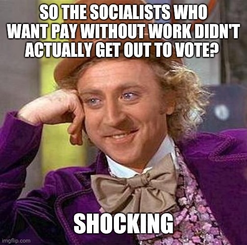 According to some Bernie supporters, they  would be winning... if all of them had voted | SO THE SOCIALISTS WHO WANT PAY WITHOUT WORK DIDN'T ACTUALLY GET OUT TO VOTE? SHOCKING | image tagged in memes,creepy condescending wonka | made w/ Imgflip meme maker