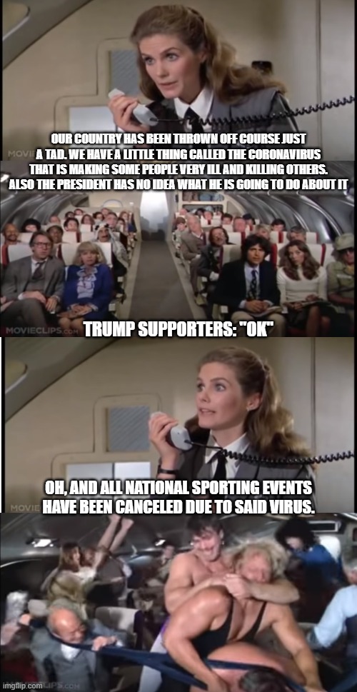 The plane, the plane! | OUR COUNTRY HAS BEEN THROWN OFF COURSE JUST A TAD. WE HAVE A LITTLE THING CALLED THE CORONAVIRUS THAT IS MAKING SOME PEOPLE VERY ILL AND KILLING OTHERS. ALSO THE PRESIDENT HAS NO IDEA WHAT HE IS GOING TO DO ABOUT IT; TRUMP SUPPORTERS: "OK"; OH, AND ALL NATIONAL SPORTING EVENTS HAVE BEEN CANCELED DUE TO SAID VIRUS. | image tagged in airplane,donald trump,coronavirus,sports | made w/ Imgflip meme maker