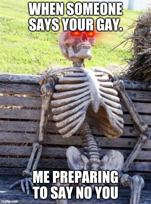 Waiting Skeleton | WHEN SOMEONE SAYS YOUR GAY. ME PREPARING TO SAY NO YOU | image tagged in memes,waiting skeleton | made w/ Imgflip meme maker