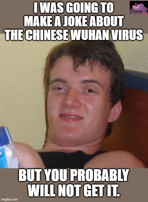 In fact most people will not. | I WAS GOING TO MAKE A JOKE ABOUT THE CHINESE WUHAN VIRUS; BUT YOU PROBABLY WILL NOT GET IT. | image tagged in memes,10 guy | made w/ Imgflip meme maker