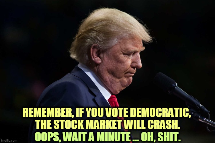Maybe not. | REMEMBER, IF YOU VOTE DEMOCRATIC, 
THE STOCK MARKET WILL CRASH. OOPS, WAIT A MINUTE ... OH, SHIT. | image tagged in trump neck craw jowls,trump,stock market,crash,idiot,fool | made w/ Imgflip meme maker