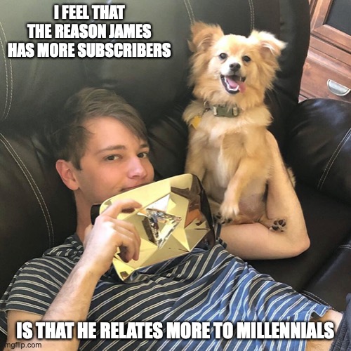 James With Gold Creator Award | I FEEL THAT THE REASON JAMES HAS MORE SUBSCRIBERS; IS THAT HE RELATES MORE TO MILLENNIALS | image tagged in theodd1sout,youtube,memes | made w/ Imgflip meme maker