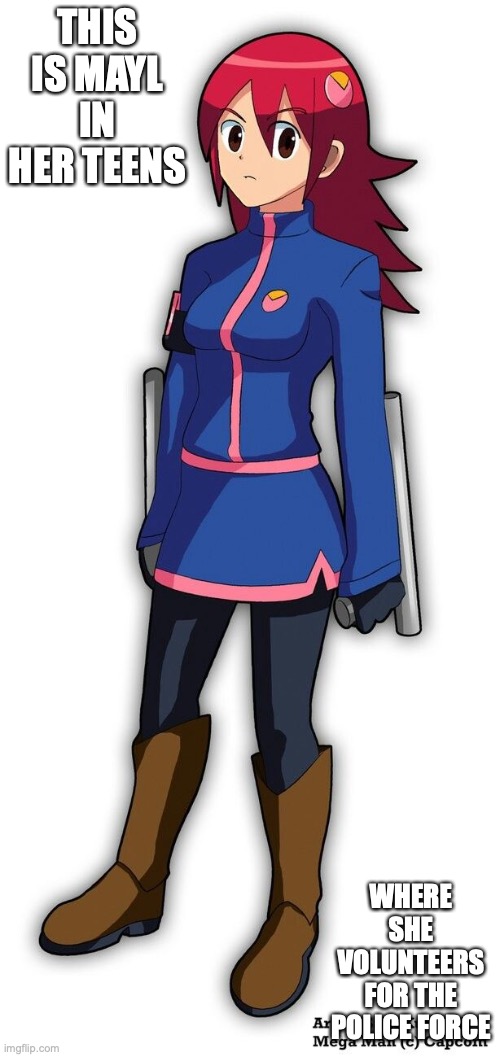 Teen Mayl | THIS IS MAYL IN HER TEENS; WHERE SHE VOLUNTEERS FOR THE POLICE FORCE | image tagged in megaman,megaman nt warrior,megaman battle network,memes,mayl | made w/ Imgflip meme maker