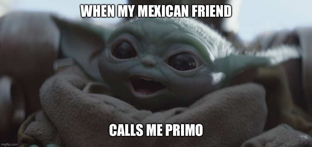 baby yoda happy | WHEN MY MEXICAN FRIEND; CALLS ME PRIMO | image tagged in baby yoda happy | made w/ Imgflip meme maker