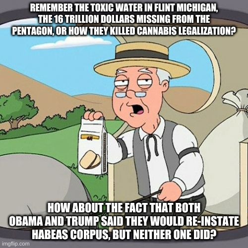 Pepperidge Farm Remembers | REMEMBER THE TOXIC WATER IN FLINT MICHIGAN, THE 16 TRILLION DOLLARS MISSING FROM THE PENTAGON, OR HOW THEY KILLED CANNABIS LEGALIZATION? HOW ABOUT THE FACT THAT BOTH OBAMA AND TRUMP SAID THEY WOULD RE-INSTATE HABEAS CORPUS, BUT NEITHER ONE DID? | image tagged in memes,pepperidge farm remembers | made w/ Imgflip meme maker