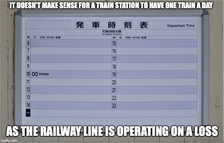 Shin-Totsugawa Station Timetable | IT DOESN'T MAKE SENSE FOR A TRAIN STATION TO HAVE ONE TRAIN A DAY; AS THE RAILWAY LINE IS OPERATING ON A LOSS | image tagged in trains,public transport,memes | made w/ Imgflip meme maker