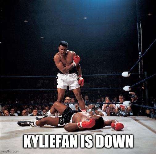 Ali Knockout | KYLIEFAN IS DOWN | image tagged in ali knockout | made w/ Imgflip meme maker