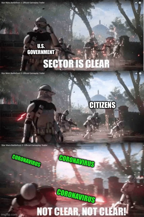 Sector not clear | U.S. GOVERNMENT; CITIZENS; CORONAVIRUS; CORONAVIRUS; CORONAVIRUS | image tagged in sector not clear | made w/ Imgflip meme maker