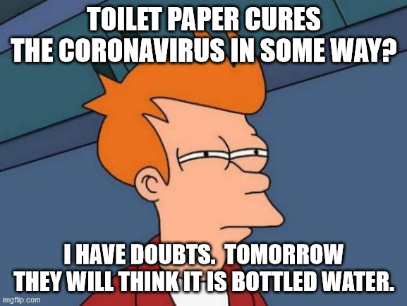Futurama Fry | TOILET PAPER CURES THE CORONAVIRUS IN SOME WAY? I HAVE DOUBTS.  TOMORROW THEY WILL THINK IT IS BOTTLED WATER. | image tagged in memes,futurama fry | made w/ Imgflip meme maker