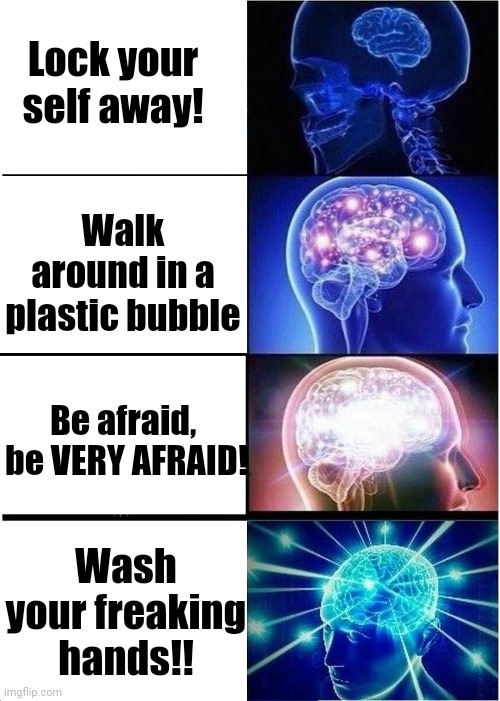 How to keep safe from Coronavirus | Lock your self away! Walk around in a plastic bubble; Be afraid,  be VERY AFRAID! Wash your freaking hands!! | image tagged in memes,expanding brain | made w/ Imgflip meme maker