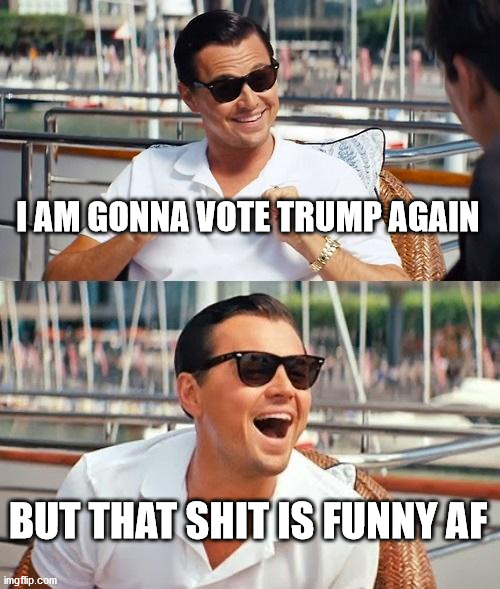 Leonardo Dicaprio Wolf Of Wall Street Meme | I AM GONNA VOTE TRUMP AGAIN BUT THAT SHIT IS FUNNY AF | image tagged in memes,leonardo dicaprio wolf of wall street | made w/ Imgflip meme maker