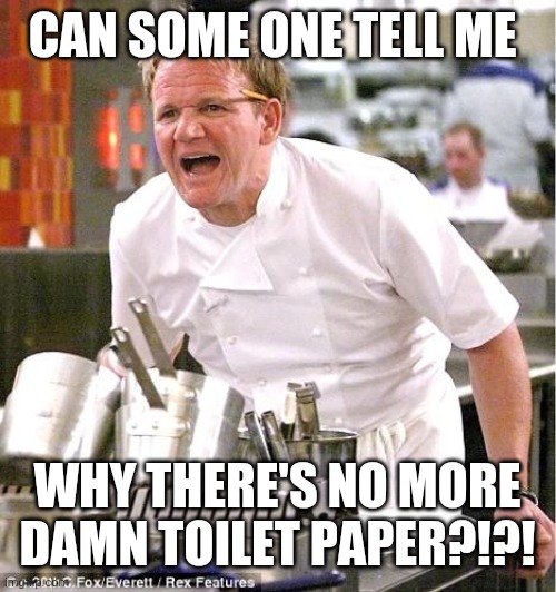 Chef Gordon Ramsay | CAN SOME ONE TELL ME; WHY THERE'S NO MORE DAMN TOILET PAPER?!?! | image tagged in memes,chef gordon ramsay | made w/ Imgflip meme maker