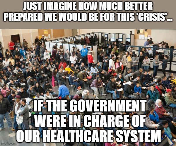 JUST IMAGINE HOW MUCH BETTER PREPARED WE WOULD BE FOR THIS 'CRISIS'... IF THE GOVERNMENT WERE IN CHARGE OF OUR HEALTHCARE SYSTEM | image tagged in corona | made w/ Imgflip meme maker