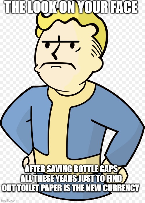 THE LOOK ON YOUR FACE; AFTER SAVING BOTTLE CAPS ALL THESE YEARS JUST TO FIND OUT TOILET PAPER IS THE NEW CURRENCY | image tagged in coronavirus,fallout,pip boy | made w/ Imgflip meme maker
