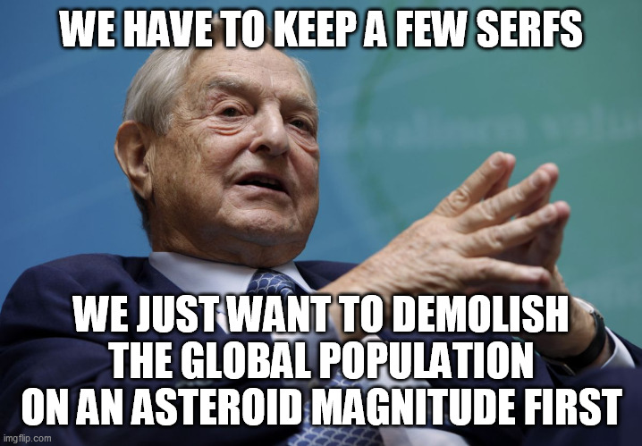 George Soros | WE HAVE TO KEEP A FEW SERFS WE JUST WANT TO DEMOLISH THE GLOBAL POPULATION ON AN ASTEROID MAGNITUDE FIRST | image tagged in george soros | made w/ Imgflip meme maker