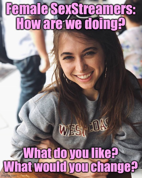 Seeking feedback. Let’s hear from our ladies on this one! | Female SexStreamers: How are we doing? What do you like? What would you change? | image tagged in riley reid sweater,female,sex,imgflip community,feminism,women | made w/ Imgflip meme maker