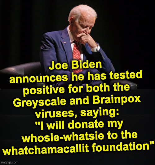 We all need to all do that thing where you put your hands together and kneel....
[warning: fictional disease satire] | Joe Biden announces he has tested positive for both the Greyscale and Brainpox viruses, saying:
 "I will donate my
 whosie-whatsie to the whatchamacallit foundation" | image tagged in joe biden,coronavirus,corona | made w/ Imgflip meme maker