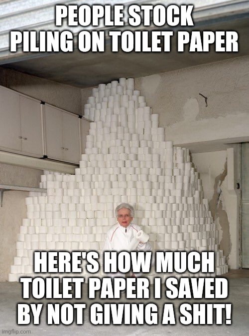 mountain of toilet paper | PEOPLE STOCK PILING ON TOILET PAPER; HERE'S HOW MUCH TOILET PAPER I SAVED BY NOT GIVING A SHIT! | image tagged in mountain of toilet paper | made w/ Imgflip meme maker