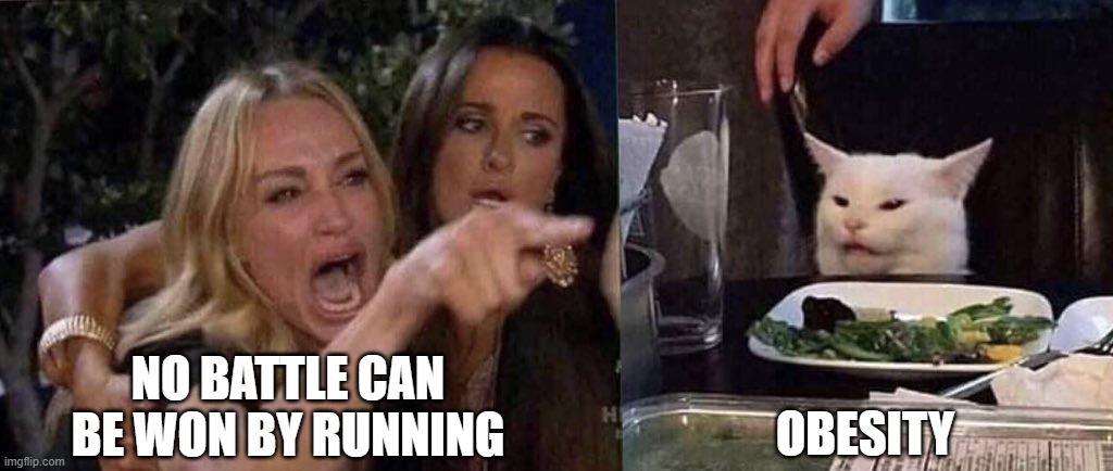 No battle can be won by running | OBESITY; NO BATTLE CAN BE WON BY RUNNING | image tagged in woman yelling at cat,obesity,battle,run,running | made w/ Imgflip meme maker