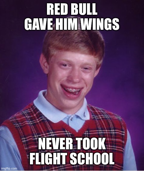 Bad Luck Brian Meme | RED BULL GAVE HIM WINGS NEVER TOOK FLIGHT SCHOOL | image tagged in memes,bad luck brian | made w/ Imgflip meme maker