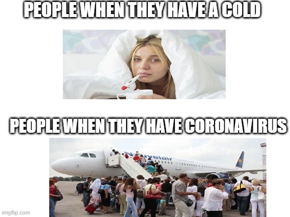 Blank White Template | PEOPLE WHEN THEY HAVE A COLD; PEOPLE WHEN THEY HAVE CORONAVIRUS | image tagged in blank white template | made w/ Imgflip meme maker