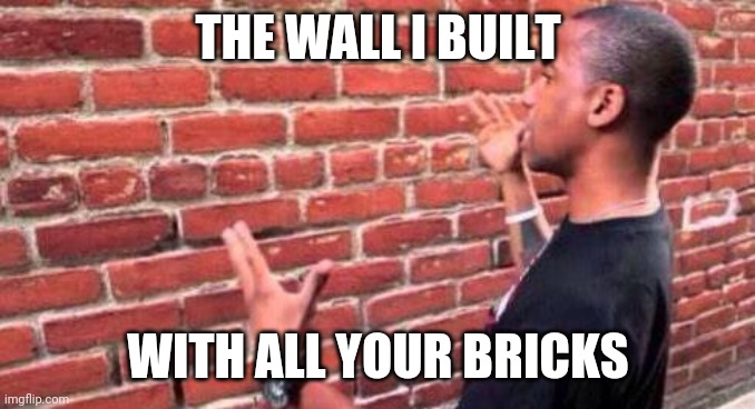 Brick Wall | THE WALL I BUILT WITH ALL YOUR BRICKS | image tagged in brick wall | made w/ Imgflip meme maker