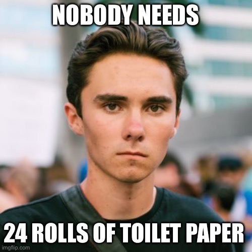 And there I was...in the middle of Costco | NOBODY NEEDS; 24 ROLLS OF TOILET PAPER | image tagged in david hogg,gun control | made w/ Imgflip meme maker