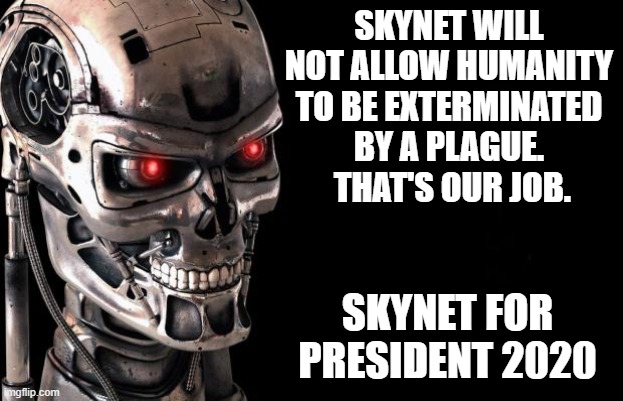 Terminator | SKYNET WILL NOT ALLOW HUMANITY TO BE EXTERMINATED BY A PLAGUE.  THAT'S OUR JOB. SKYNET FOR PRESIDENT 2020 | image tagged in terminator | made w/ Imgflip meme maker