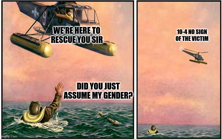 WE'RE HERE TO RESCUE YOU SIR; 10-4 NO SIGN OF THE VICTIM; DID YOU JUST ASSUME MY GENDER? | image tagged in rescue copter,did you just assume my gender,funny meme | made w/ Imgflip meme maker