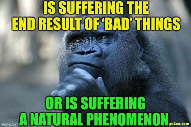 Deep Thoughts | IS SUFFERING THE END RESULT OF ‘BAD’ THINGS OR IS SUFFERING A NATURAL PHENOMENON | image tagged in deep thoughts | made w/ Imgflip meme maker