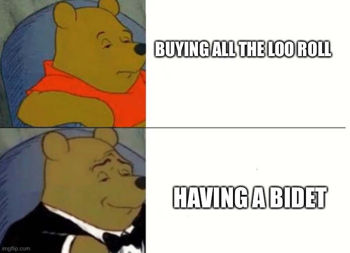 Fancy Winnie The Pooh Meme | BUYING ALL THE LOO ROLL; HAVING A BIDET | image tagged in fancy winnie the pooh meme | made w/ Imgflip meme maker