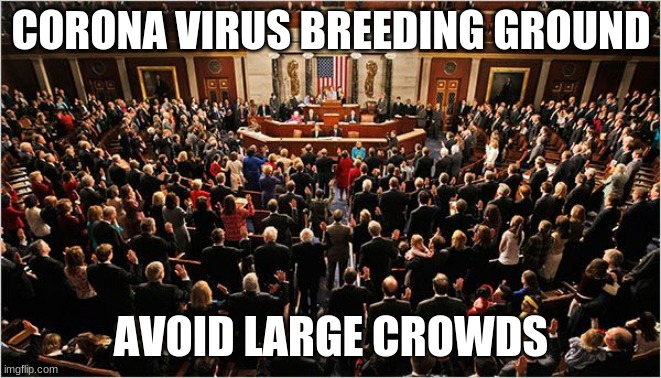 My version of a PSA | CORONA VIRUS BREEDING GROUND; AVOID LARGE CROWDS | image tagged in congress,psa,avoid large crowds,old people in large groups,congress sucks,vote them all out | made w/ Imgflip meme maker