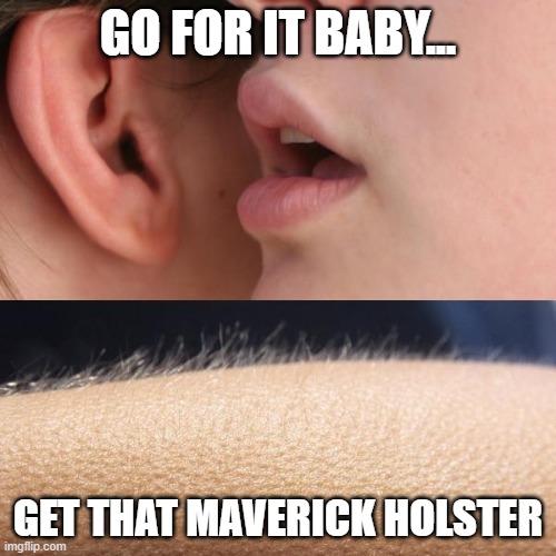Whisper and Goosebumps | GO FOR IT BABY... GET THAT MAVERICK HOLSTER | image tagged in whisper and goosebumps | made w/ Imgflip meme maker