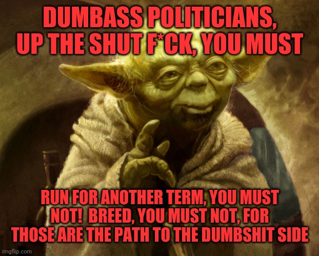 Agreed | DUMBASS POLITICIANS, UP THE SHUT F*CK, YOU MUST; RUN FOR ANOTHER TERM, YOU MUST NOT!  BREED, YOU MUST NOT, FOR THOSE ARE THE PATH TO THE DUMBSHIT SIDE | image tagged in agreed | made w/ Imgflip meme maker