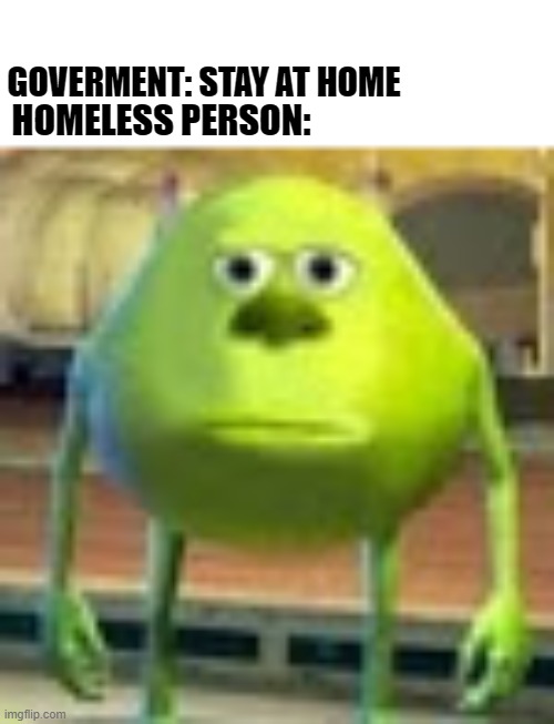 Guess i will die | GOVERMENT: STAY AT HOME; HOMELESS PERSON: | image tagged in sully wazowski,monsters inc,funny,coronavirus,homeless | made w/ Imgflip meme maker
