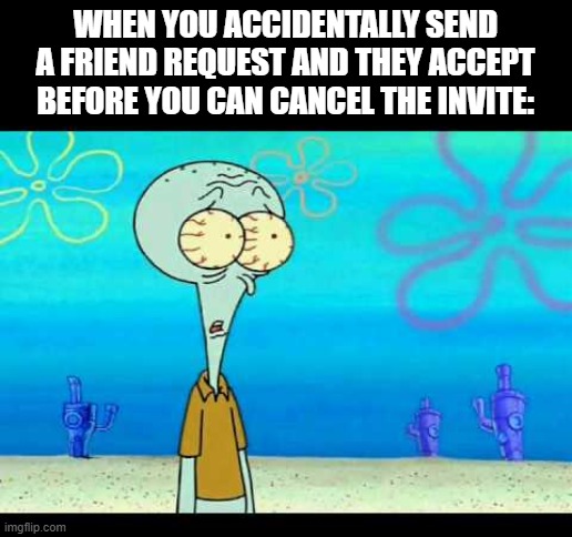 Squidward Face | WHEN YOU ACCIDENTALLY SEND A FRIEND REQUEST AND THEY ACCEPT BEFORE YOU CAN CANCEL THE INVITE: | image tagged in squidward face | made w/ Imgflip meme maker