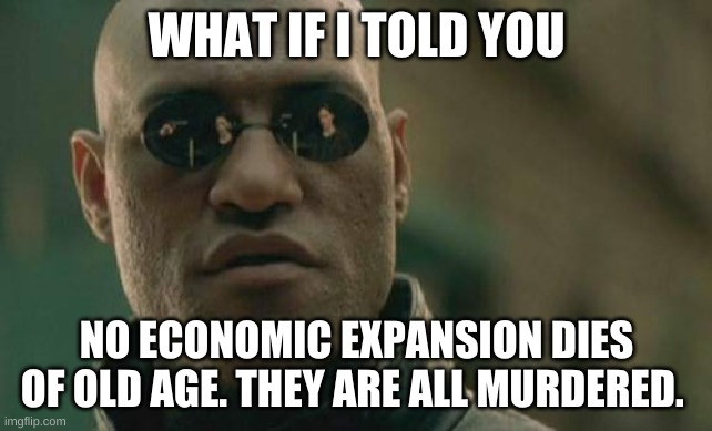 This coronavirus stock market crash is so irrational and is clearly being manipulated. H1N1 flue was much worse. | WHAT IF I TOLD YOU; NO ECONOMIC EXPANSION DIES OF OLD AGE. THEY ARE ALL MURDERED. | image tagged in memes,matrix morpheus | made w/ Imgflip meme maker