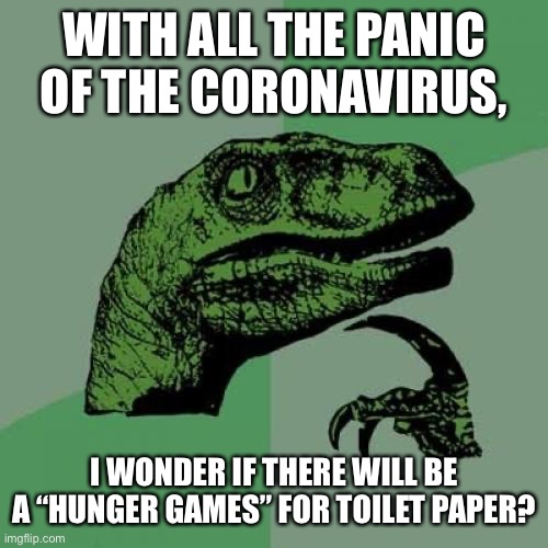 Toilet Paper Games | WITH ALL THE PANIC OF THE CORONAVIRUS, I WONDER IF THERE WILL BE A “HUNGER GAMES” FOR TOILET PAPER? | image tagged in memes,philosoraptor | made w/ Imgflip meme maker