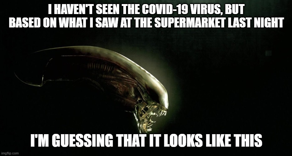 I HAVEN'T SEEN THE COVID-19 VIRUS, BUT BASED ON WHAT I SAW AT THE SUPERMARKET LAST NIGHT; I'M GUESSING THAT IT LOOKS LIKE THIS | image tagged in coronavirus,panic | made w/ Imgflip meme maker