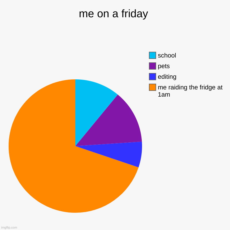 me on a friday | me raiding the fridge at 1am, editing, pets, school | image tagged in charts,pie charts | made w/ Imgflip chart maker