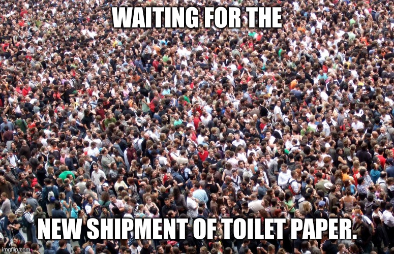 crowd of people | WAITING FOR THE; NEW SHIPMENT OF TOILET PAPER. | image tagged in crowd of people | made w/ Imgflip meme maker