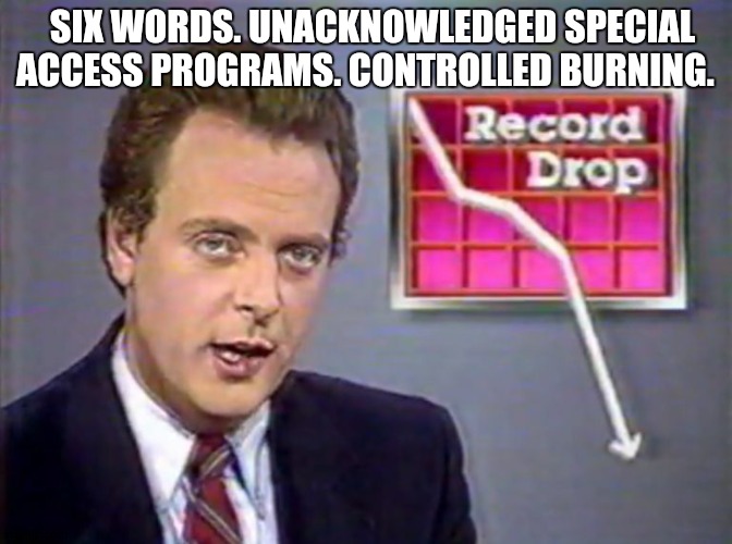 Stocks Crashing | SIX WORDS. UNACKNOWLEDGED SPECIAL ACCESS PROGRAMS. CONTROLLED BURNING. | image tagged in stocks crashing | made w/ Imgflip meme maker