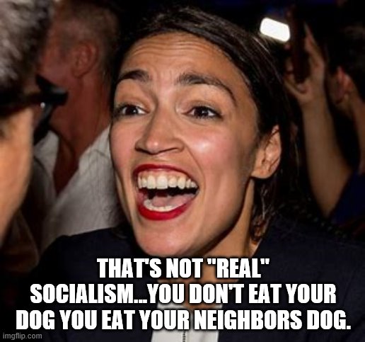 yep | THAT'S NOT "REAL" SOCIALISM...YOU DON'T EAT YOUR DOG YOU EAT YOUR NEIGHBORS DOG. | image tagged in aoc,socialism,democrats,bernie sanders | made w/ Imgflip meme maker