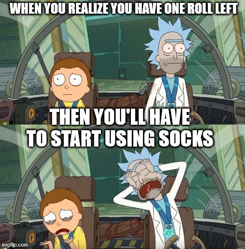 Rick and Morty Crying | WHEN YOU REALIZE YOU HAVE ONE ROLL LEFT; THEN YOU'LL HAVE TO START USING SOCKS | image tagged in rick and morty crying | made w/ Imgflip meme maker