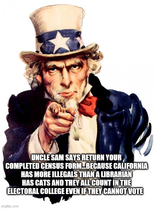 Uncle Sam | UNCLE SAM SAYS RETURN YOUR COMPLETED CENSUS FORM...BECAUSE CALIFORNIA HAS MORE ILLEGALS THAN A LIBRARIAN HAS CATS AND THEY ALL COUNT IN THE ELECTORAL COLLEGE EVEN IF THEY CANNOT VOTE | image tagged in memes,uncle sam | made w/ Imgflip meme maker