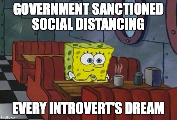 spongebob happy introvert | GOVERNMENT SANCTIONED SOCIAL DISTANCING; EVERY INTROVERT'S DREAM | image tagged in spongebob happy introvert | made w/ Imgflip meme maker