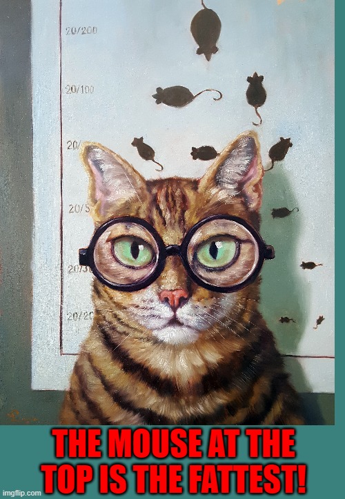 Feline Eye Exam | THE MOUSE AT THE TOP IS THE FATTEST! | image tagged in vince vance,cats,eye,chart,glasses,mice | made w/ Imgflip meme maker