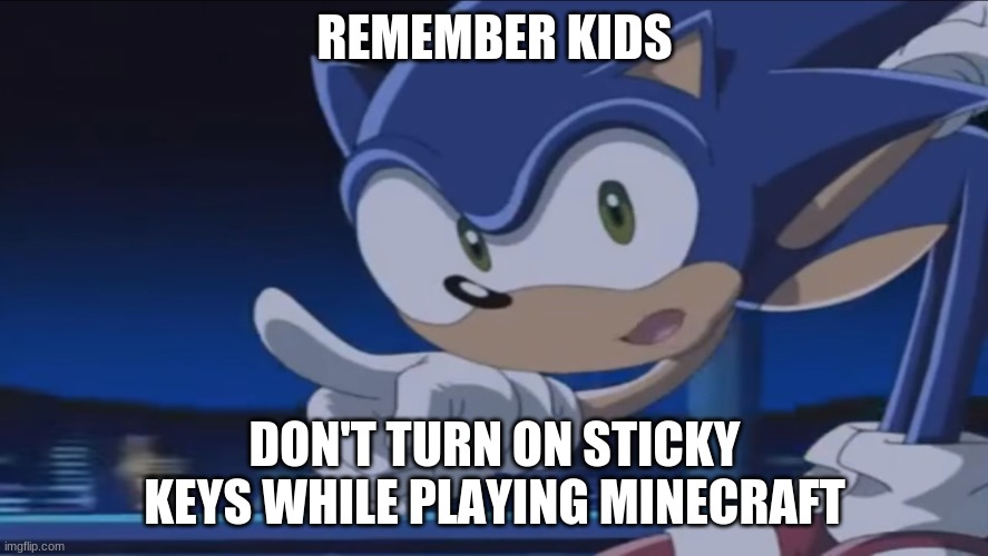 dont turn on sticky keys | REMEMBER KIDS; DON'T TURN ON STICKY KEYS WHILE PLAYING MINECRAFT | image tagged in kids don't - sonic x | made w/ Imgflip meme maker