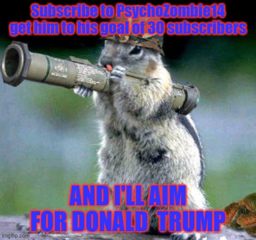 Bazooka Squirrel Meme | Subscribe to PsychoZombie14 get him to his goal of 30 subscribers; AND I'LL AIM FOR DONALD  TRUMP | image tagged in memes,bazooka squirrel | made w/ Imgflip meme maker